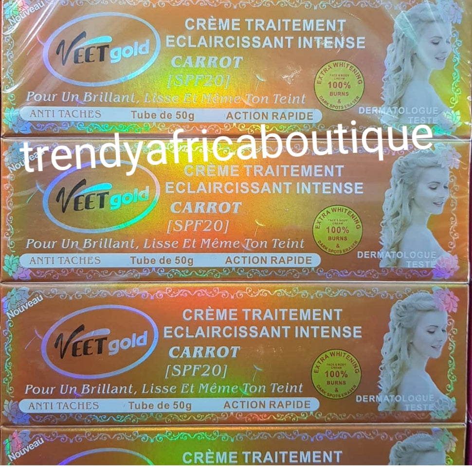 Veet Gold intense whitening tube cream with Carrot extracts with spf 20. 50g can be use as face cream or mixed