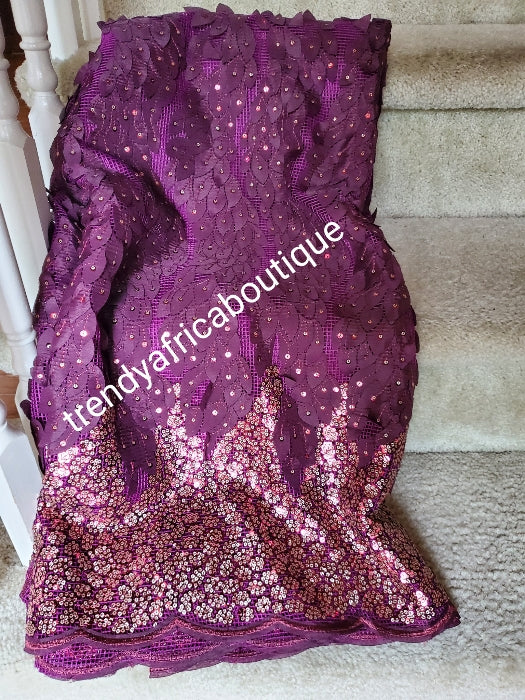 Sale sale: wine/magenta Lustrous quality Africa french lace fabric with all over sequence + champagne aso-oke set.