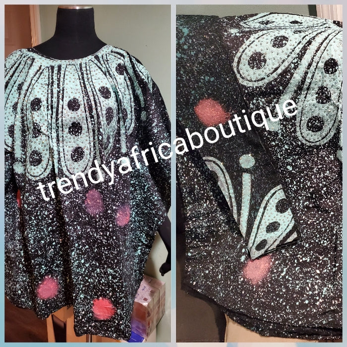 Sale: Latest Adire leggings and top embellished with crystal stones One size fit up to XLarge.  burst 48", top lenght 35" Classic tie and dye set for that casual outing is here:  Black/mint green