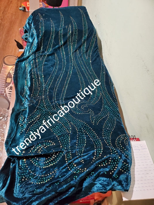 Unique Green VELVET wrapper embellished with colorful crystal stores. So soft with high quality for making Nigerian traditional wedding bride 1st outfit. Sold per 5yds. Price is for 5yds.