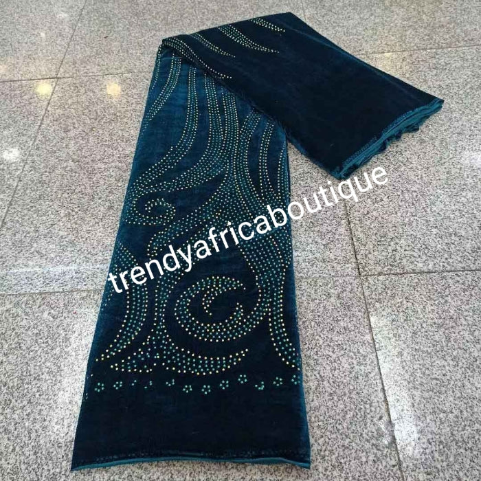 Unique Green VELVET wrapper embellished with colorful crystal stores. So soft with high quality for making Nigerian traditional wedding bride 1st outfit. Sold per 5yds. Price is for 5yds.