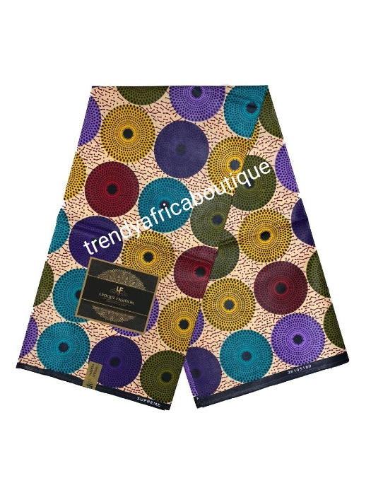 Supreme ankara cotton wax print. Multi color Cotton Ankara. Lustrous quality print sold per 6yds. Price is for 6yds.