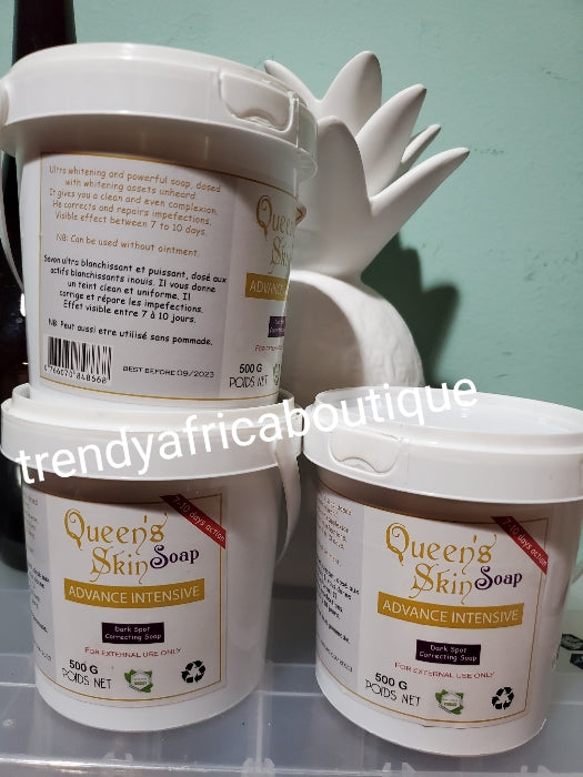 BACK IN STOCK. Queen's skin advanced Intensive whitening and spots correcting face and body soap. 7-10 days Action. Made from natural plant extracts and vitamins.500g jar x1
