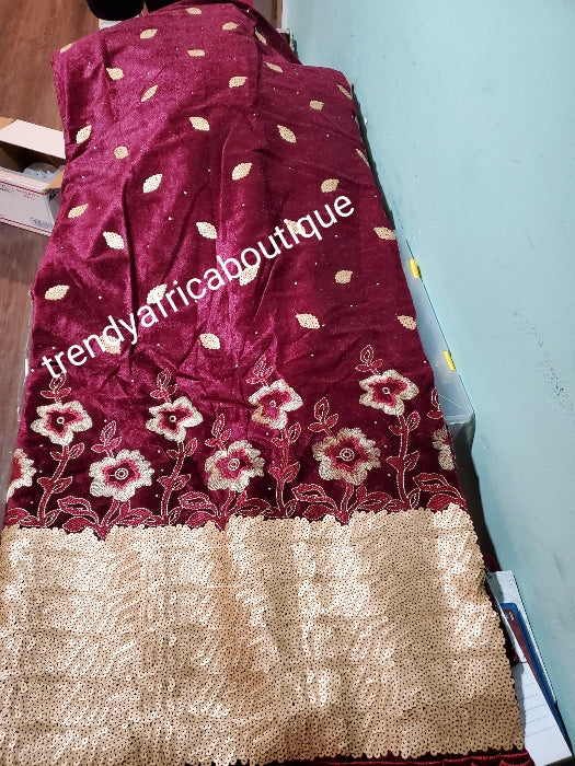5yds wine/gold embriodery and sequence VELVET wrapper  embellished with white sequine. Classic for making Nigerian traditional 1st outfit for Bride. Edo/igbo Bride outfit. Soft velvet and fully lined. Width is 45"