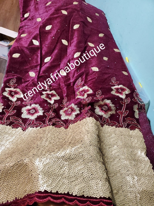 5yds wine/gold embriodery and sequence VELVET wrapper  embellished with white sequine. Classic for making Nigerian traditional 1st outfit for Bride. Edo/igbo Bride outfit. Soft velvet and fully lined. Width is 45"