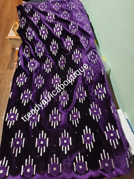 5yds Purple embriodery and sequence VELVET wrapper  embellished with white sequine. Classic for making Nigerian traditional 1st outfit for Bride. Edo/igbo Bride outfit. Soft velvet and fully lined. Width is 45"
