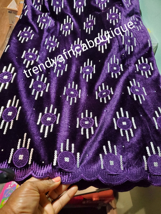 5yds Purple embriodery and sequence VELVET wrapper  embellished with white sequine. Classic for making Nigerian traditional 1st outfit for Bride. Edo/igbo Bride outfit. Soft velvet and fully lined. Width is 45"