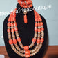 Edo coral-necklace set. Traditional Bridal wedding Coral beads  long rows, +  earrings and double Bracelets. Exclusive Nigerian Native bead design with gold accessories sold per set. Bridal-accessories