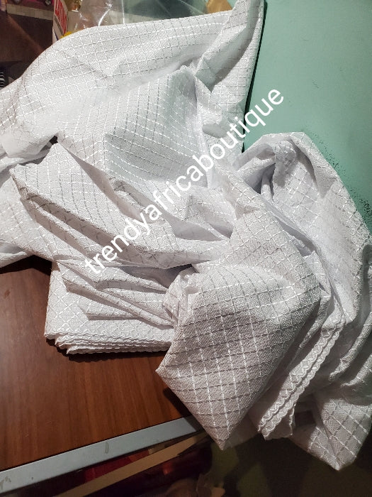 Exclusive design Quality polish cotton swiss lace fabric for Nigerian Men native outfit. Soft quality fabric. Can be use for agbada/3pc outfit for men. Sold per 5yds. Price is for 5yds. Pure white!