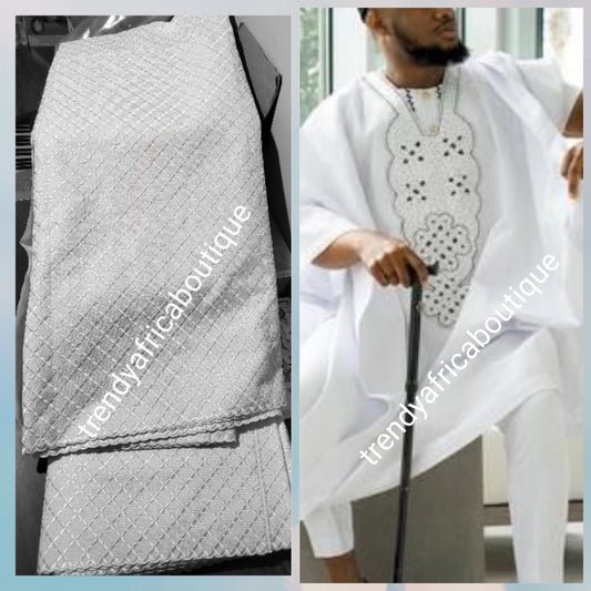 Exclusive design Quality polish cotton swiss lace fabric for Nigerian Men native outfit. Soft quality fabric. Can be use for agbada/3pc outfit for men. Sold per 5yds. Price is for 5yds. Pure white!