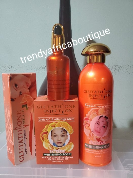 Abebi white Glutathion Gluta A -C zero problems full set: Body lotion 400ml,  toning serum/oil. 50ml. Soap and corrective tube cream 50g.  Best combinations of unique mother nature formula.