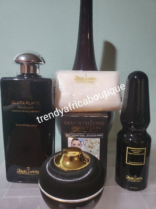 Back in stock 4pcs set Latest Abebi white Gluta Black 5xxxxx + Snow white face and body lotion 500ml, Serum, face cream, & exfoliating soap. 💯  satisfaction