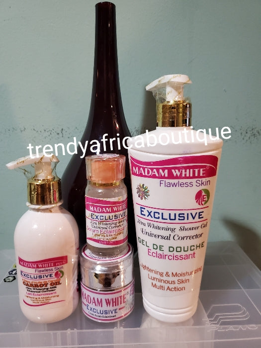 ORIGINAL!! 4pcs set: Madam white Exclusive flawless skin set; whitening, brightening  Body Lotion 250ml, serum 60ml& face cream 60g and shower gel 500ml.