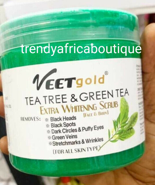 VeetGold Teebaum- und Grüntee-Extra aufhellendes Gesichts- und Körperpeeling. Gegen schwarze Flecken, dunkle Augenpartien, grüne Äderchen, Dehnungsstreifen und Falten, 500-g-Glas usw.