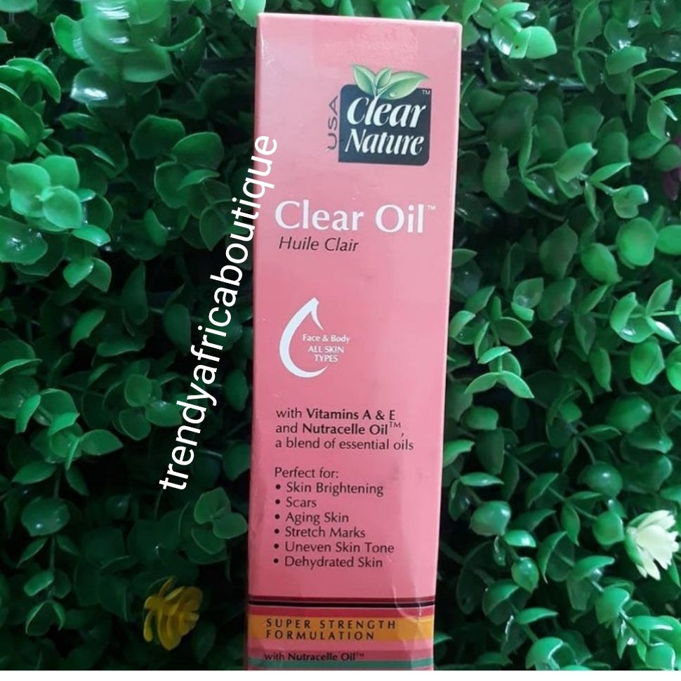 Clear nature face and body serum/oil. Super strength Formulation with Nutracelle oil, vitamins for skin brightening, scars, stretch marks and more. 118ml. Mix into your body lotion or use by itself
