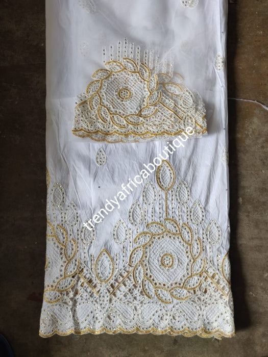 Original quality White/gold embriodery and beaded silk George wrapper. Nigerian traditional wedding George, Quality Indian-George. 5yds wrapper + 1.8yds net matching blouse. Aso-ebi discount available