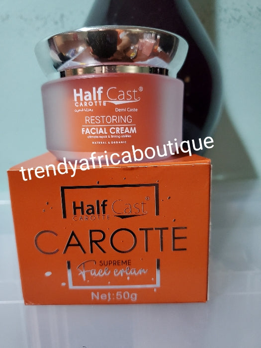 Half cast carotte Restoring and glowing face cream, anti-wrinkle, anti spots. Vitamins E, carotte oil and kojic acid. 50g jar