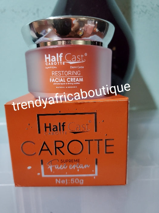 Half cast carotte supreme Restoring and glowing face cream, anti-wrinkle, anti spots. Vitamins E, carotte oil and kojic acid. 50g jar