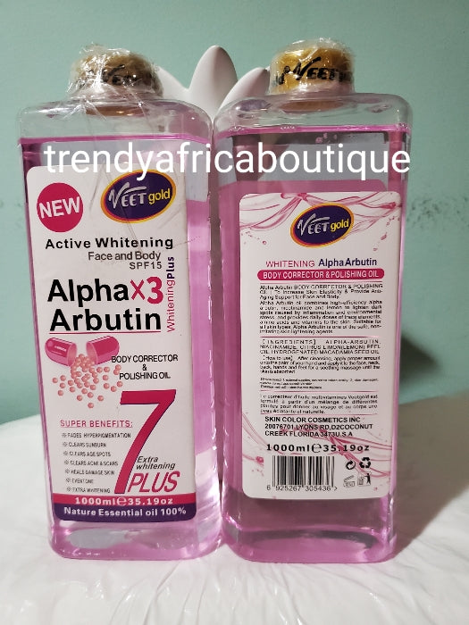 Original VEET GOLD alpha arbutin 3 correcting & polishing oil with vitamins with  spf 15. 1000 ML bottle. Serum/oil is good for face and body