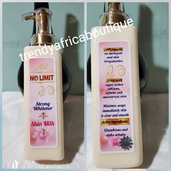 Combo set:  NO LIMIT Strong Whitener body lotion 500ml + 3X Mega blast strong whitener booster serum 60ml, + perfect skin concentrate oil + 36 heures zero tache serum 100% effective!
