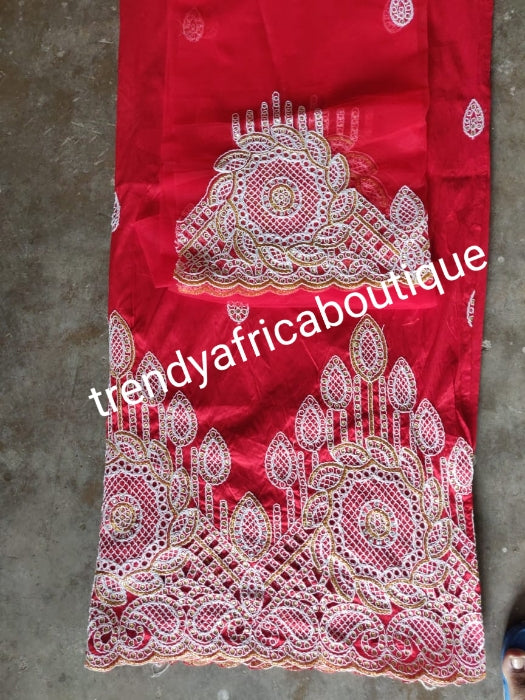 Original quality Red embriodery and stoned taffeta silk George wrapper + red net for blouse combination. Nigerian traditional weddingQuality Indian-George. 5yds wrapper + 1.8yds net.Aso-ebi discount available