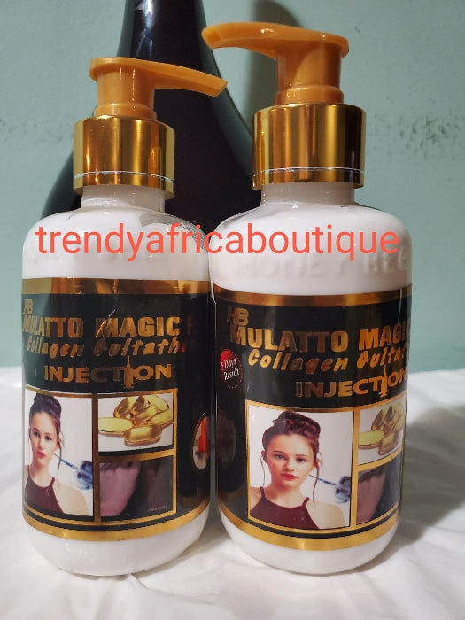 Back in stock:Mulatto magic fair body lotion. Glutathione injection + collagen with spf 36. 5 days results!!! 250ml