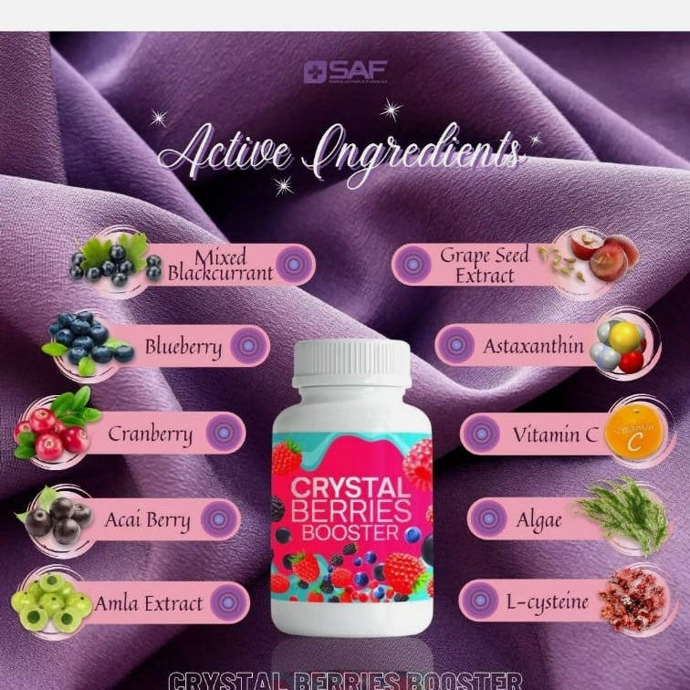Combo sale of SAF + crystal berries booster (Swiss Advance Formula) pure crystal is a Skin brightening, glowing, anti aging supplements. 30/bottle.