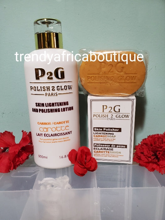 P2G (polish to Glow) paris skin lightening and polishing body lotion with carrot extracts. Anti stretch marks and scars. Body lotion 500ml + exfoliating combo