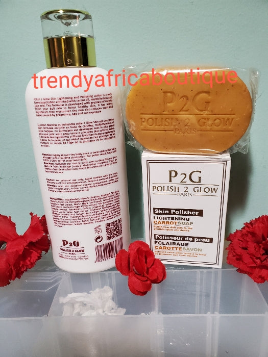 P2G (polish to Glow) paris skin lightening and polishing body lotion with carrot extracts. Anti stretch marks and scars. Body lotion 500ml + exfoliating combo