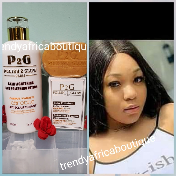 P2G (polish to Glow) paris skin lightening and polishing body lotion with carrot extracts. Anti stretch marks and scars. Body lotion 500ml + exfoliating combo