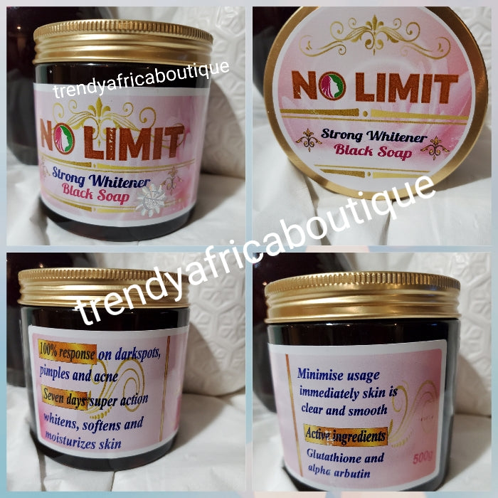 NEW PACKAGING: x 1 jar NO LIMIT strong whitening and skin repair black soap. 100% response on darks spots, pimples and acne. 7 days Action. 500g jar