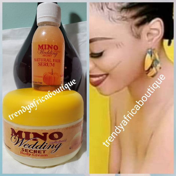 Combo: Original Mino wedding secrets body cream 300ml Formulated with lemon extracts and egg yolk + Natural fair serum 60ml Whitens, nourish and glow your skin. Pure Organic product.