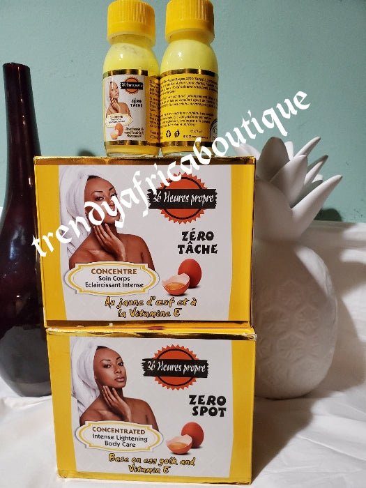 4pc set of zero tache 36 heures propre, ecclaircissant  2 body Lotion, intense serum 60ml + exfoliating soap Formulated with egg yolk and vitamins