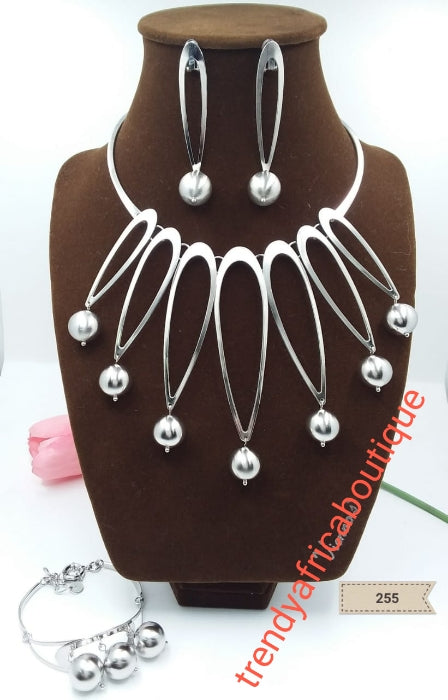 3pcs 18k silver electroplated  Dubai Necklace, drop earrings, and adjustable bracelet. Long lasting hypoallergenic plating. Sold as a set and price is for the set.