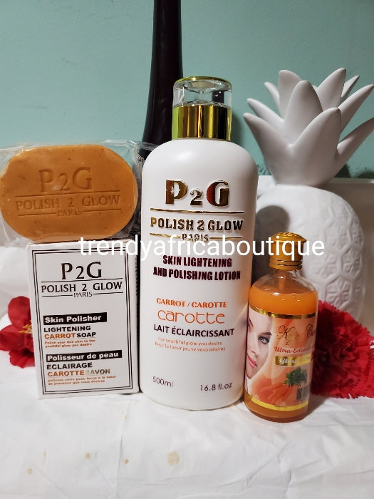 Lightening Combo sale: P2G (polish to Glow) paris skin lightening and polishing body lotion with carrot extracts + kojic -carrote ultra ecclaircissant + p2g exfoliating soap whitening combo