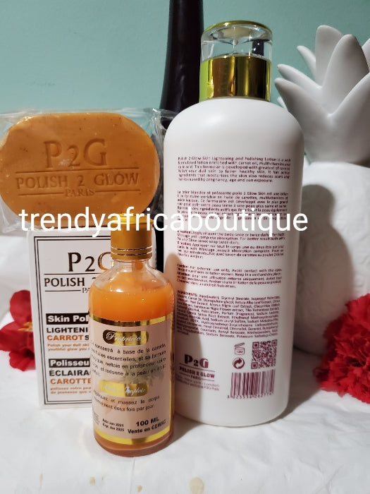 Lightening Combo sale: P2G (polish to Glow) paris skin lightening and polishing body lotion with carrot extracts + kojic -carrote ultra ecclaircissant + p2g exfoliating soap whitening combo