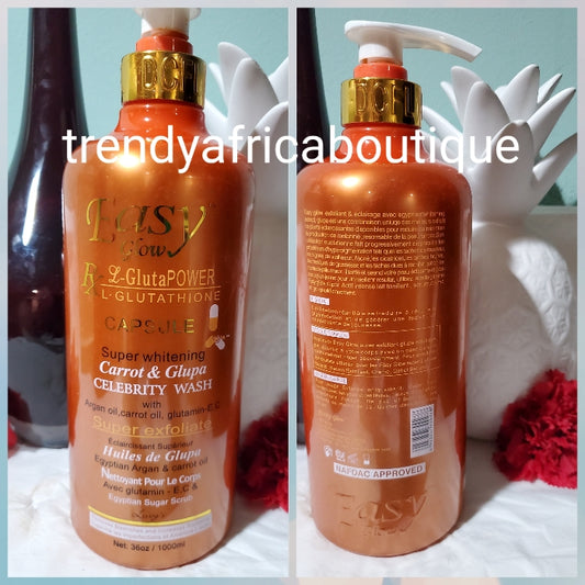 Easy Glow L-Glutathion super whitening Carrot and Glupa Celebrity wash 1000ml x1 super exfoliating scrub for a healthy glowing complexion. Use with the body lotion.