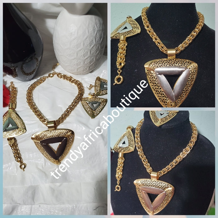 3pc Big Pendant 18k Gold plated Dubai Necklace set. Sold as a set. Necklace and brace has adjustable links