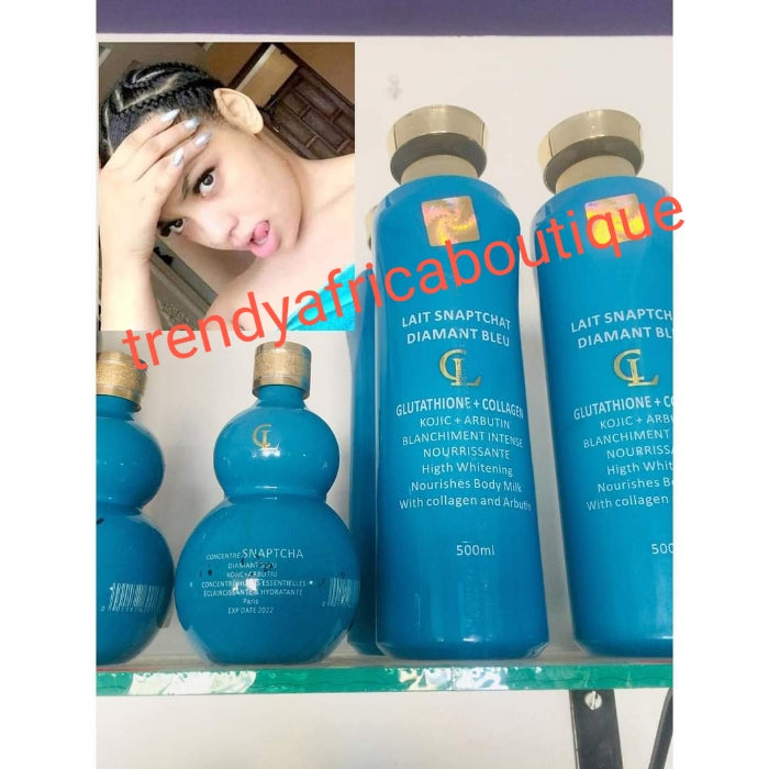 3pcs :Lait Snapchat diamant blue set of Lotion 500ml, Serum 120ml and the best whitening anti spots face cream set. formulated to keep you looking younger & spotless. With snail slime, glutathione, vitamin C + plaint extracts..