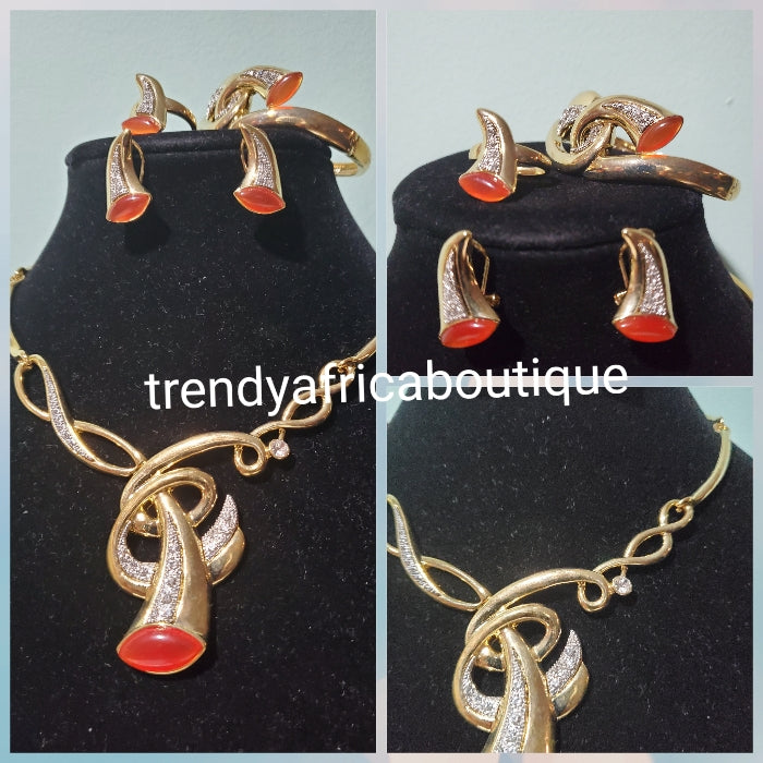 Clearance Item. 18k Costume 4pc Necklace set with red stone accents. high quality plating, hypoallergenic. 4pcs jewelry set. Necklace/bangle/earrings and ring. Sold per set