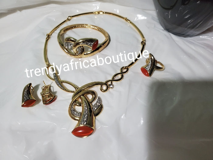 Clearance Item. 18k Costume 4pc Necklace set with red stone accents. high quality plating, hypoallergenic. 4pcs jewelry set. Necklace/bangle/earrings and ring. Sold per set