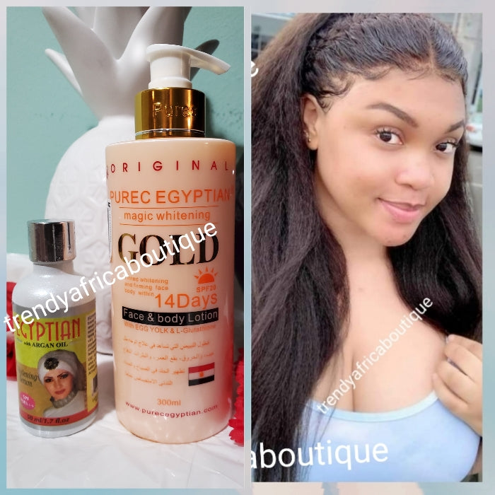 Original Purec Egyptian magic GOLD with egg yolk for face & body 300ml + Egyptian whitening serum with argan oil and plant Extracts Formulated to evenly whiten and brighten your skin, giving you that natural flawless skin tone! Hydroquinone free!!