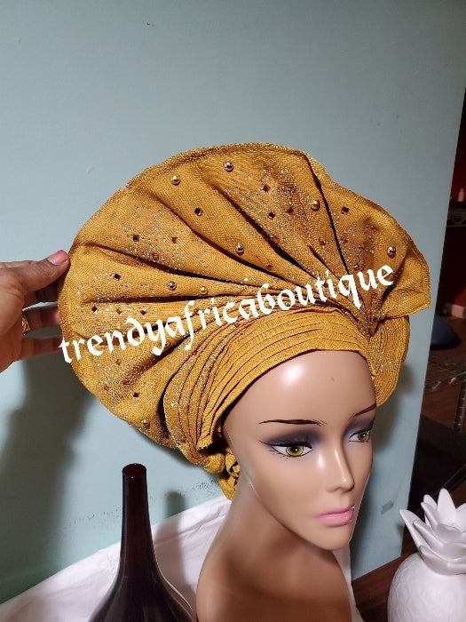 Gold fan design auto-gele beaded and stoned, made with Nigerian woven  aso-oke. Nigeria gele Party ready in less than 5 minutes. One size fit, easy adjustment at the back