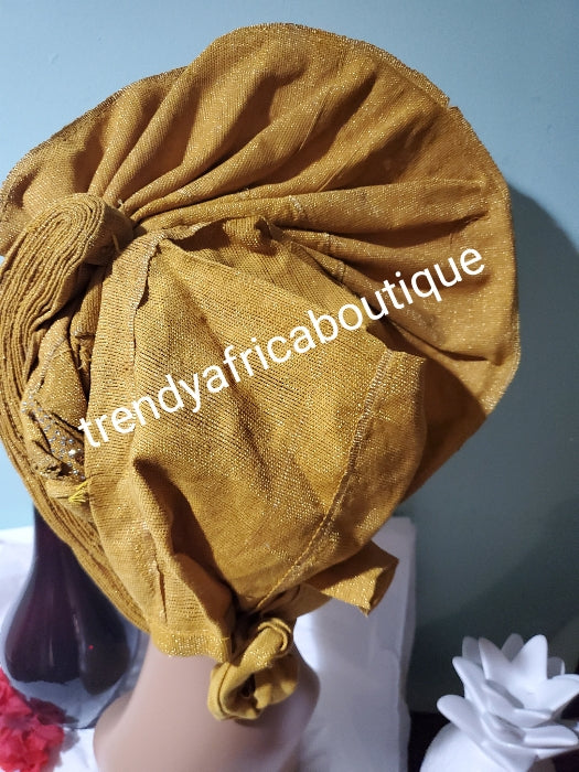 Gold fan design auto-gele beaded and stoned, made with Nigerian woven  aso-oke. Nigeria gele Party ready in less than 5 minutes. One size fit, easy adjustment at the back