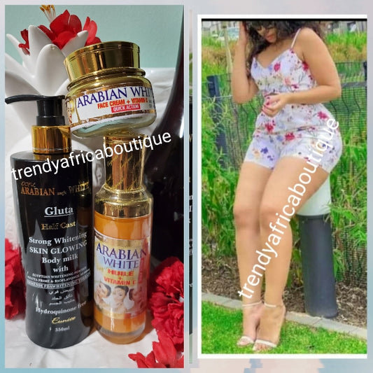 3pc combo set  Arabian Magic white gluta half cast. Strong whitening skin glowing  body milk.Hydroquinone free! Arabian white face cream & body oil with vit C. !