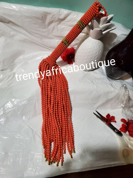Back in stock Nigerian Traditional wedding Bridal coral color beaded whip. Nice and full Bridal accessories. We also have Beaded-necklace