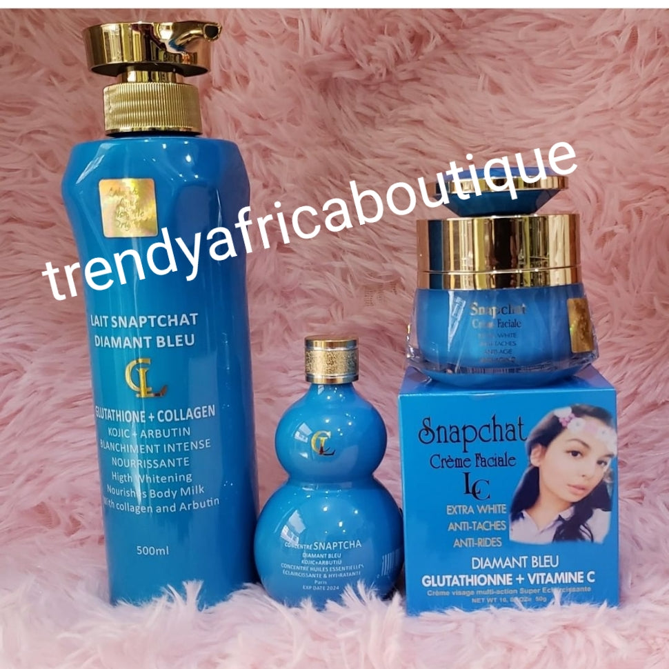 3pcs :Lait Snapchat diamant blue set of Lotion 500ml, Serum 120ml and the best whitening anti spots face cream set. formulated to keep you looking younger & spotless. With snail slime, glutathione, vitamin C + plaint extracts..