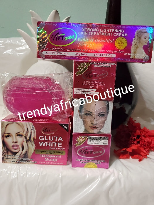 3pcs. combo sale: veetgold facial whitening and spot removing cream 25g + Veetgold strong lightening skin treatment cream 50g + gluta White face soap for even tone and smoother skin.