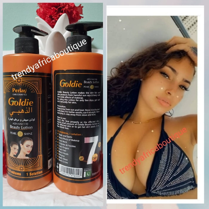 Parley Goldie advanced skin whitening body lotion 550ml bottle 10 skin problems and one solution lotion. Pearl shine.  alpha arbutin, kojic acid, Vitamin B. 100% satisfaction