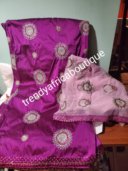 New arrival: Nigerian/Igbo/Delta Traditional George magenta wrapper + baby pink contrast  net for blouse. Embellished with crystal stones.  wrapper and net blouse. Beaded and stoned. -George and hand stoned quality taffeta silk. Top quality hand  work